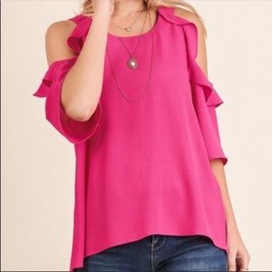 Umgee USA Fuchsia Hot Pink Cold Shoulder Ruffle Blouse Top